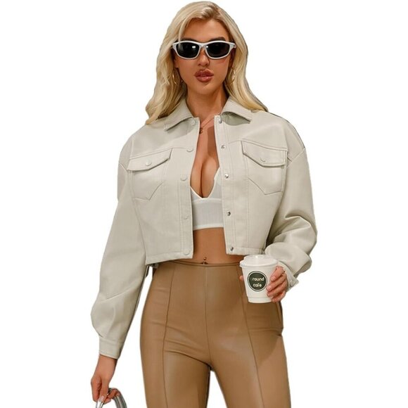 Jackets & Blazers - 🆕Women Beige Cropped Moto Biker Short Comfortable Faux Leather Fashion Jacket